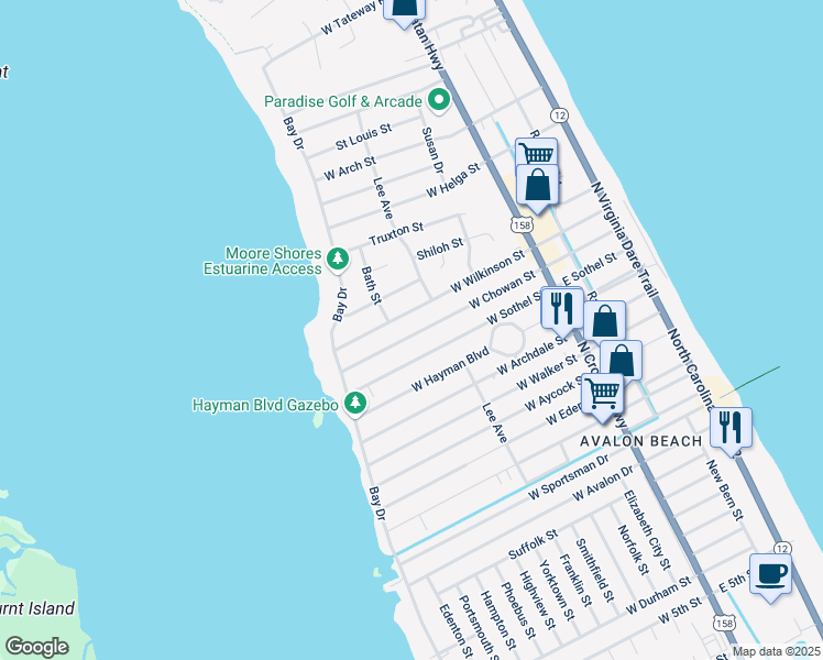 map of restaurants, bars, coffee shops, grocery stores, and more near 429 West Wilkinson Street in Kill Devil Hills