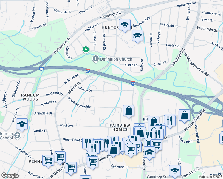 map of restaurants, bars, coffee shops, grocery stores, and more near 3704 Mosby Drive in Greensboro