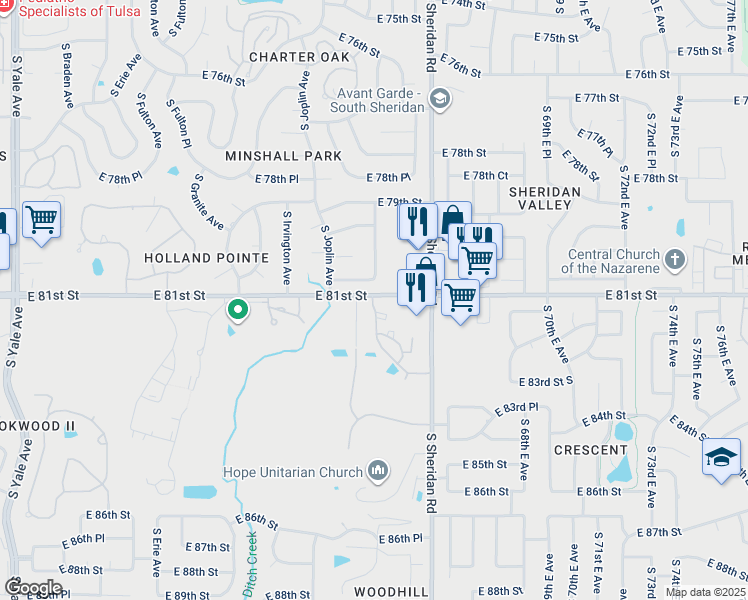 map of restaurants, bars, coffee shops, grocery stores, and more near 6016 East 80th Place in Tulsa
