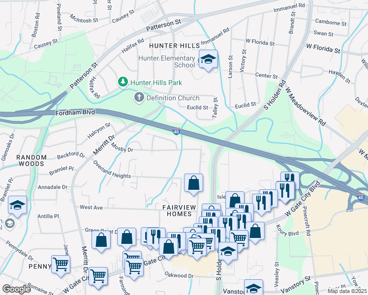 map of restaurants, bars, coffee shops, grocery stores, and more near 3650 Mosby Drive in Greensboro