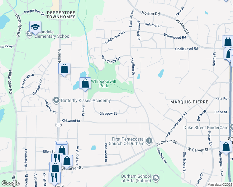 map of restaurants, bars, coffee shops, grocery stores, and more near 8 Cairn Court in Durham