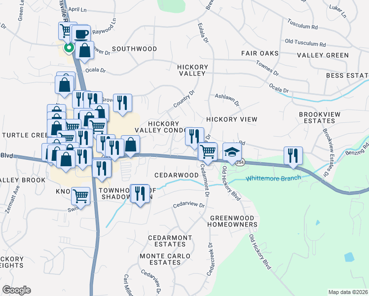 map of restaurants, bars, coffee shops, grocery stores, and more near 2045 Pinecrest Drive in Nashville