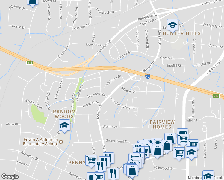 map of restaurants, bars, coffee shops, grocery stores, and more near 1862 Merritt Drive in Greensboro
