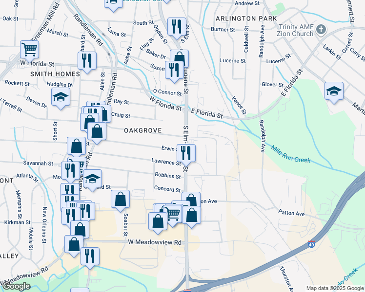 map of restaurants, bars, coffee shops, grocery stores, and more near 2108 South Elm-Eugene Street in Greensboro