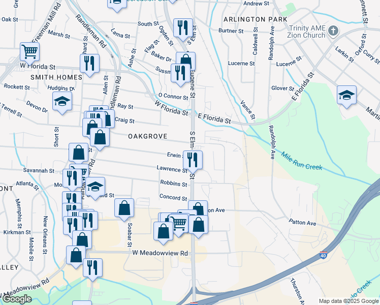 map of restaurants, bars, coffee shops, grocery stores, and more near 2108 South Elm-Eugene Street in Greensboro