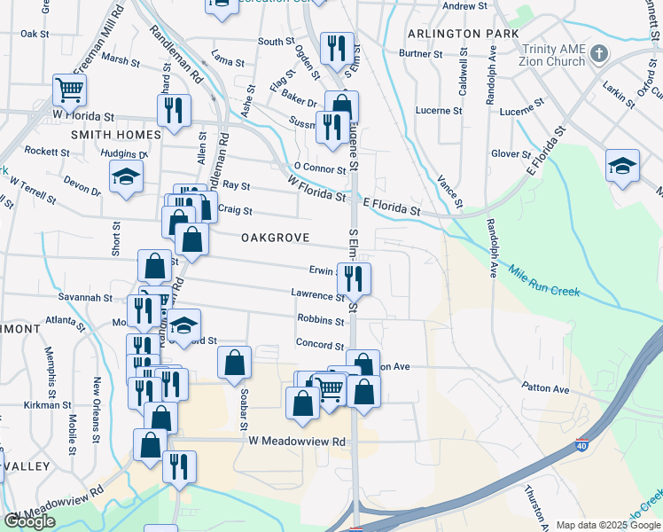 map of restaurants, bars, coffee shops, grocery stores, and more near 108 Erwin Street in Greensboro