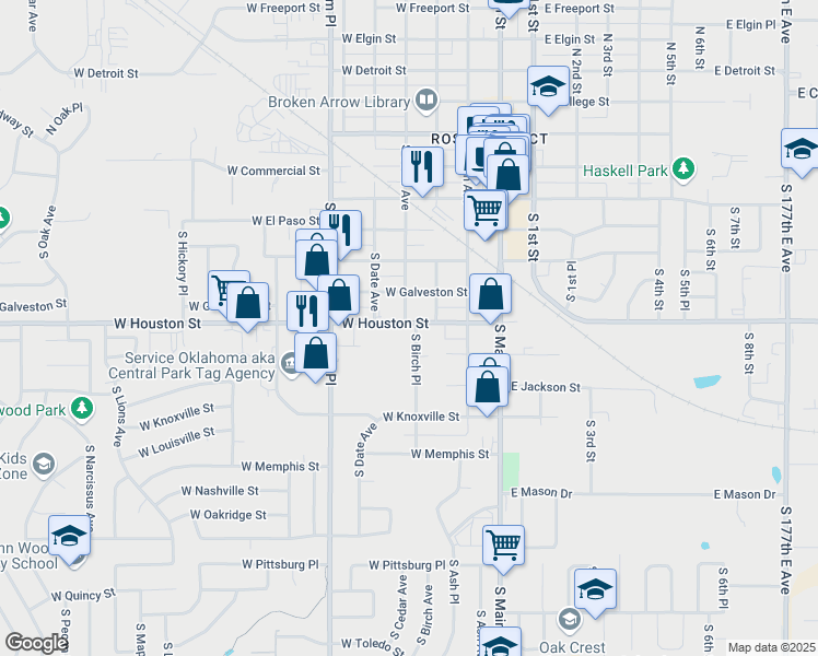map of restaurants, bars, coffee shops, grocery stores, and more near 704 South Birch Place in Broken Arrow