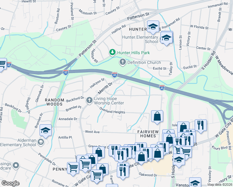 map of restaurants, bars, coffee shops, grocery stores, and more near 3810 Mosby Drive in Greensboro