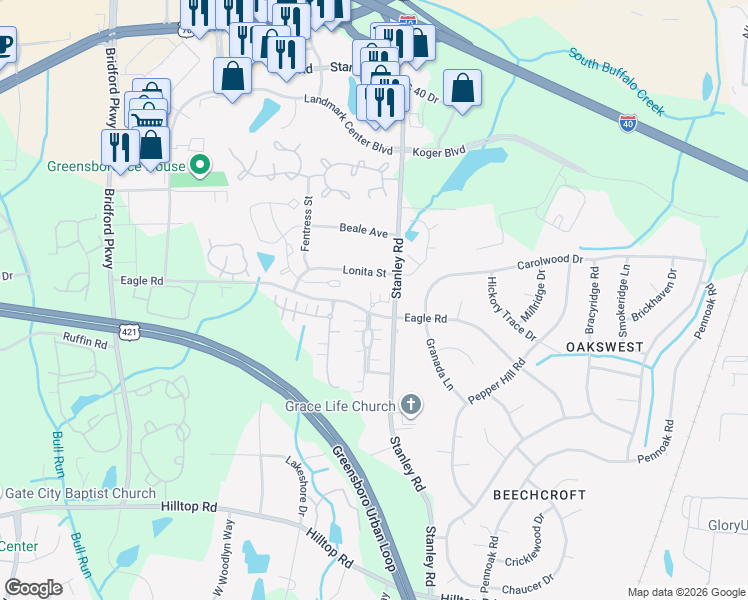 map of restaurants, bars, coffee shops, grocery stores, and more near 917 Eagle Road in Greensboro