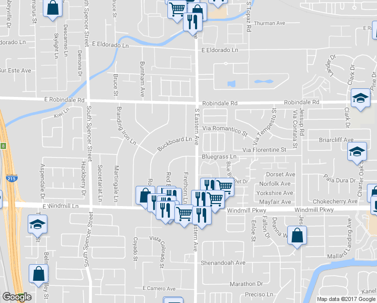 map of restaurants, bars, coffee shops, grocery stores, and more near 2340 Bluegrass Lane in Las Vegas