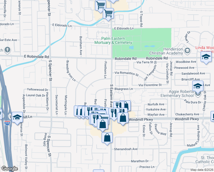 map of restaurants, bars, coffee shops, grocery stores, and more near 2340 Bluegrass Lane in Las Vegas