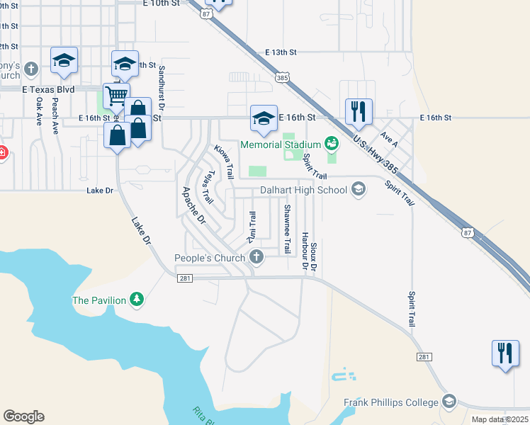 map of restaurants, bars, coffee shops, grocery stores, and more near 1908 Cherokee Trail in Dalhart