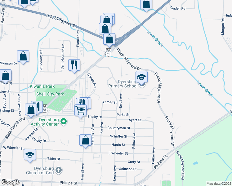 map of restaurants, bars, coffee shops, grocery stores, and more near 1420 Lewis Avenue in Dyersburg