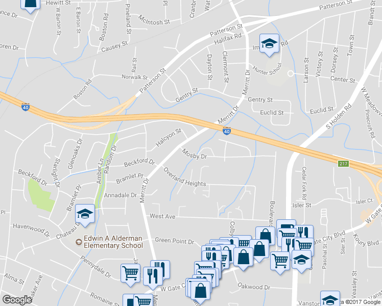 map of restaurants, bars, coffee shops, grocery stores, and more near 3816 Mosby Dr in Greensboro