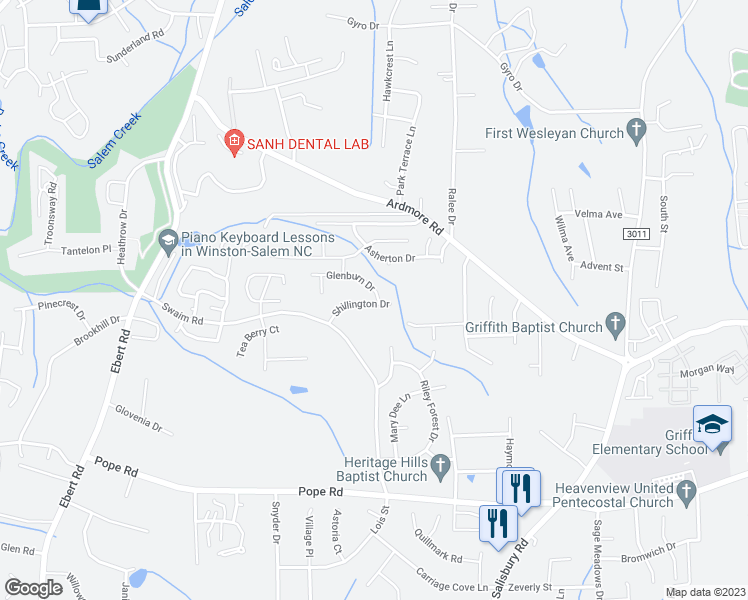 map of restaurants, bars, coffee shops, grocery stores, and more near 1974 Glenburn Drive in Winston-Salem