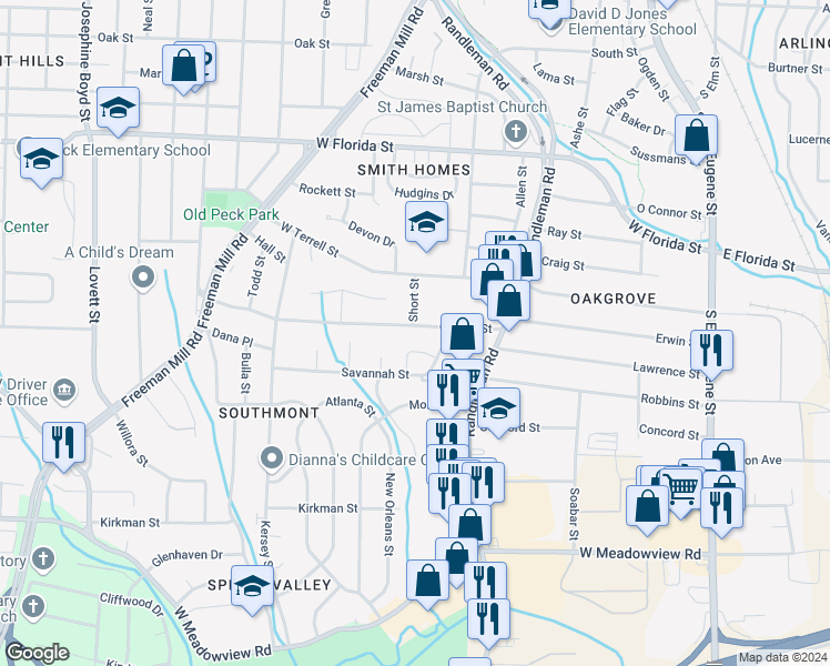 map of restaurants, bars, coffee shops, grocery stores, and more near 525 Garrett Street in Greensboro