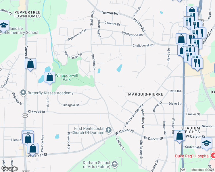 map of restaurants, bars, coffee shops, grocery stores, and more near 17 Treeline Drive in Durham
