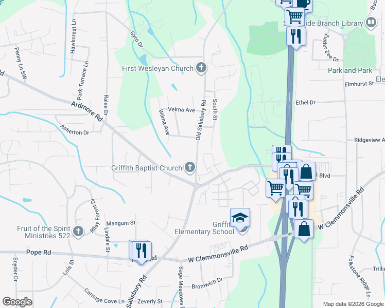 map of restaurants, bars, coffee shops, grocery stores, and more near 1957 Old Salisbury Road in Winston-Salem