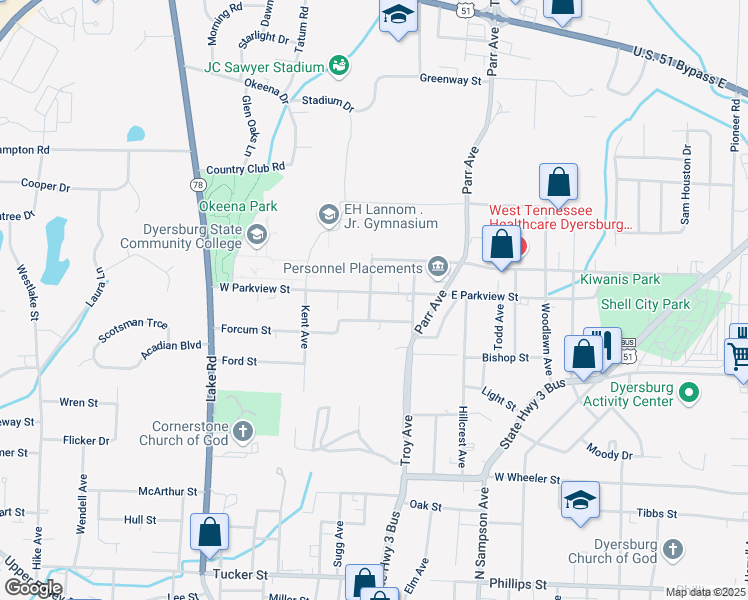 map of restaurants, bars, coffee shops, grocery stores, and more near 135 West Parkview Street in Dyersburg