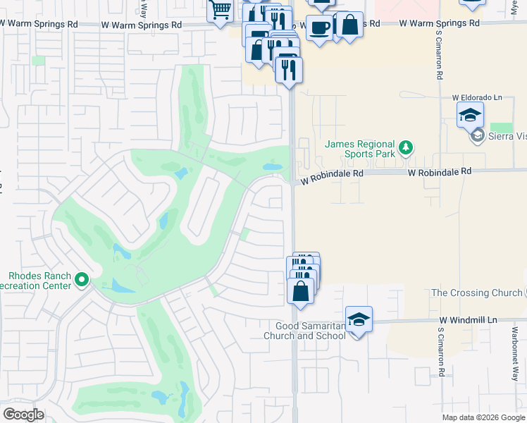 map of restaurants, bars, coffee shops, grocery stores, and more near 323 Woodland Moss Road in Las Vegas