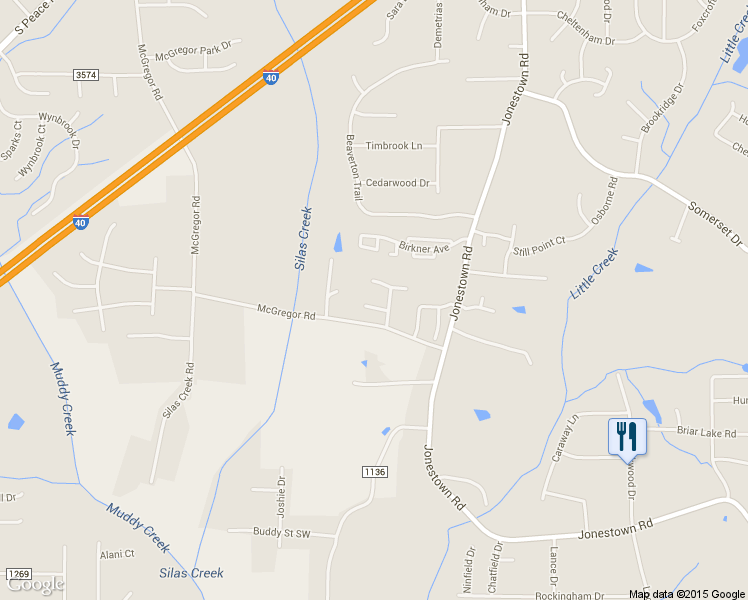 map of restaurants, bars, coffee shops, grocery stores, and more near 1325 Rosewood Court in Winston-Salem