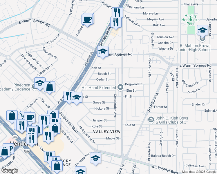 map of restaurants, bars, coffee shops, grocery stores, and more near 133 Dogwood Street in Henderson