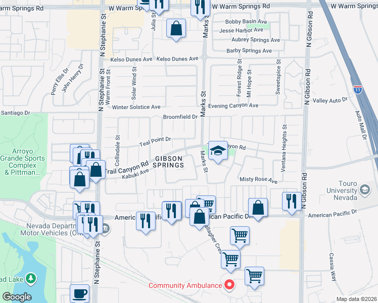 map of restaurants, bars, coffee shops, grocery stores, and more near 255 Lamppost Street in Henderson