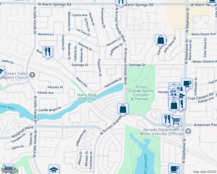map of restaurants, bars, coffee shops, grocery stores, and more near 264 Helmsdale Drive in Henderson