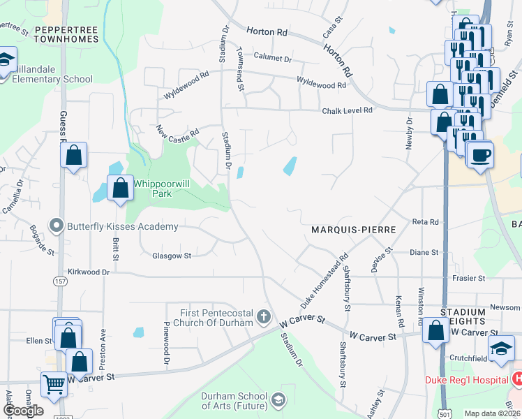map of restaurants, bars, coffee shops, grocery stores, and more near 17 Treeline Drive in Durham