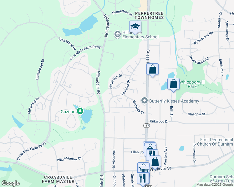 map of restaurants, bars, coffee shops, grocery stores, and more near 2515 Camellia Drive in Durham