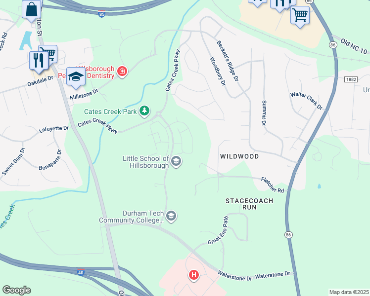 map of restaurants, bars, coffee shops, grocery stores, and more near 301 Monarda Way in Hillsborough