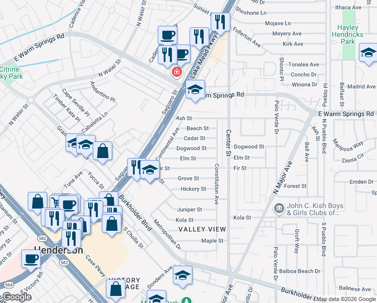 map of restaurants, bars, coffee shops, grocery stores, and more near 119 Dogwood Street in Henderson