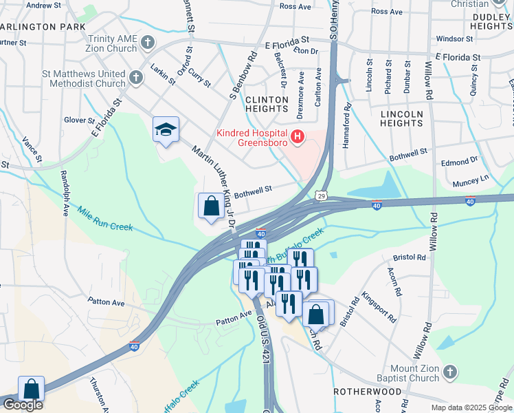 map of restaurants, bars, coffee shops, grocery stores, and more near 1305 Buff Street in Greensboro