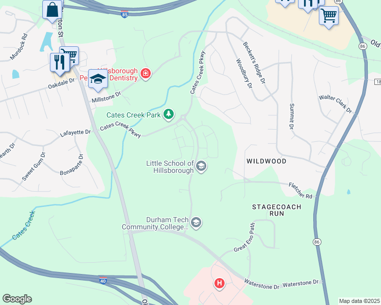 map of restaurants, bars, coffee shops, grocery stores, and more near 427 Waterstone Park Circle in Hillsborough