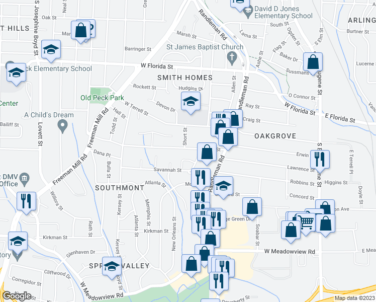 map of restaurants, bars, coffee shops, grocery stores, and more near 523 Garrett Street in Greensboro