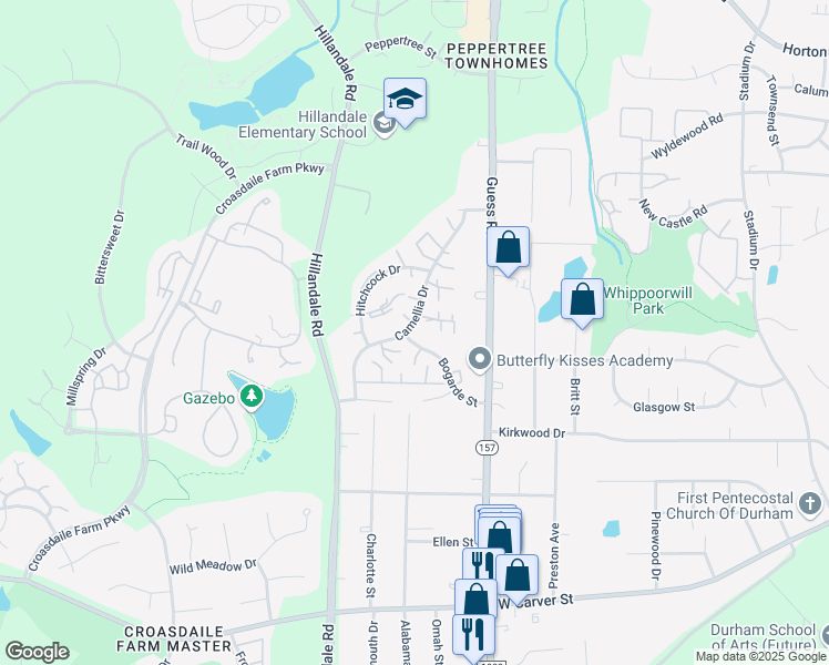 map of restaurants, bars, coffee shops, grocery stores, and more near 2136 Bogarde Street in Durham