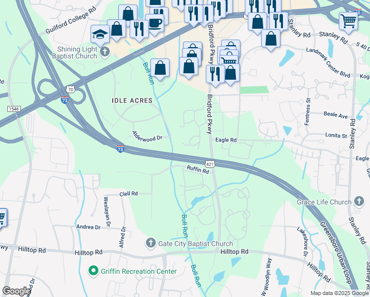 map of restaurants, bars, coffee shops, grocery stores, and more near 1452 Bridford Parkway in Greensboro