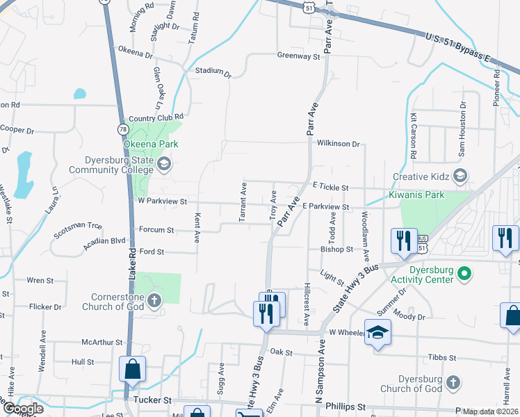map of restaurants, bars, coffee shops, grocery stores, and more near 113 East Parkview Street in Dyersburg