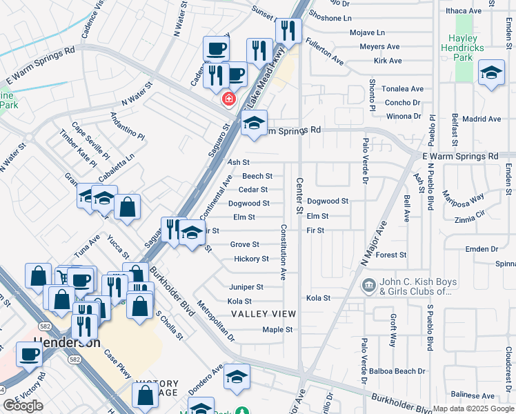 map of restaurants, bars, coffee shops, grocery stores, and more near 127 Dogwood Street in Henderson