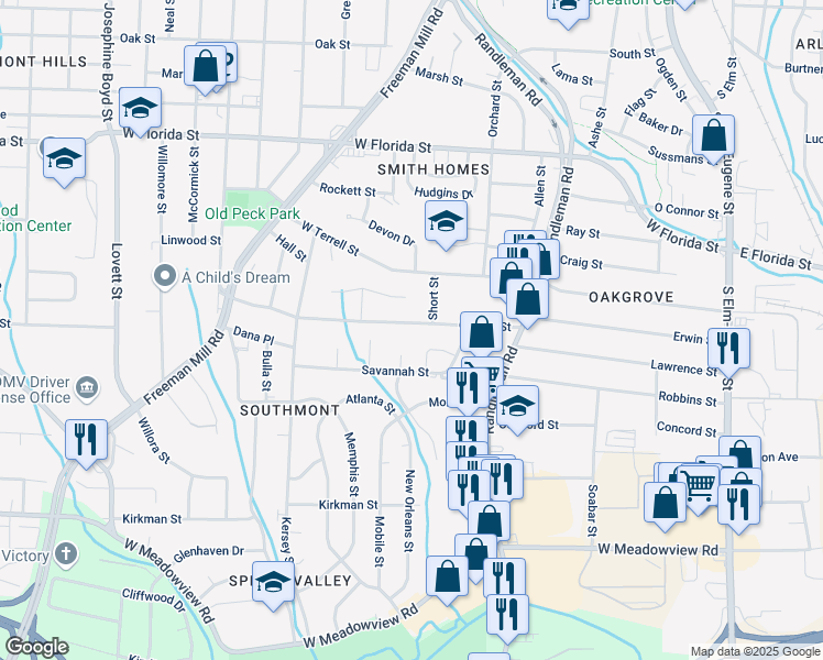 map of restaurants, bars, coffee shops, grocery stores, and more near 607 Garrett Street in Greensboro