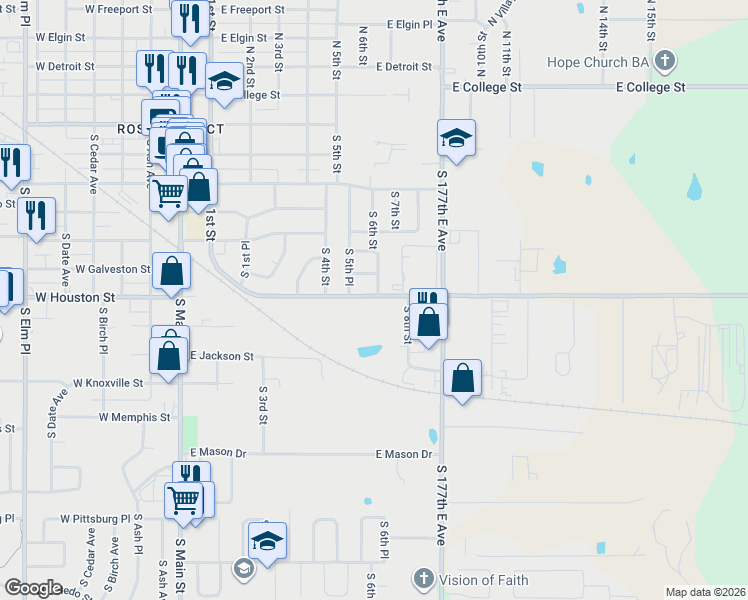 map of restaurants, bars, coffee shops, grocery stores, and more near 605 East 81st Street South in Broken Arrow