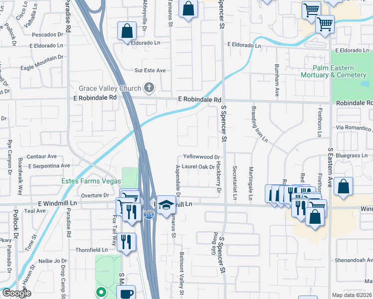 map of restaurants, bars, coffee shops, grocery stores, and more near 1555 East Darryl Avenue in Las Vegas