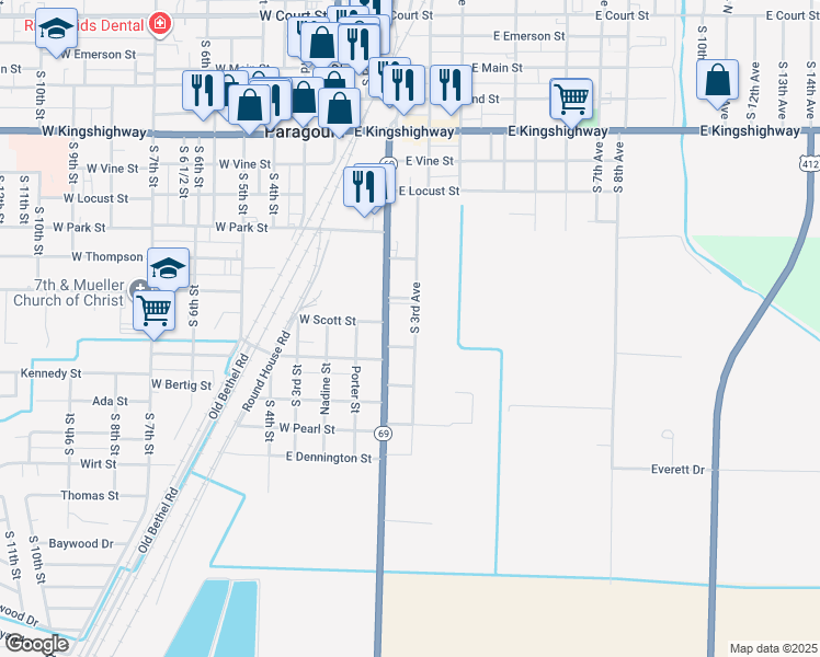 map of restaurants, bars, coffee shops, grocery stores, and more near 1012 South 3rd Avenue in Paragould