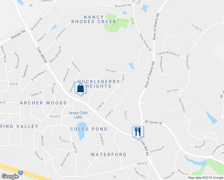 map of restaurants, bars, coffee shops, grocery stores, and more near 1203 East Oak Drive in Durham