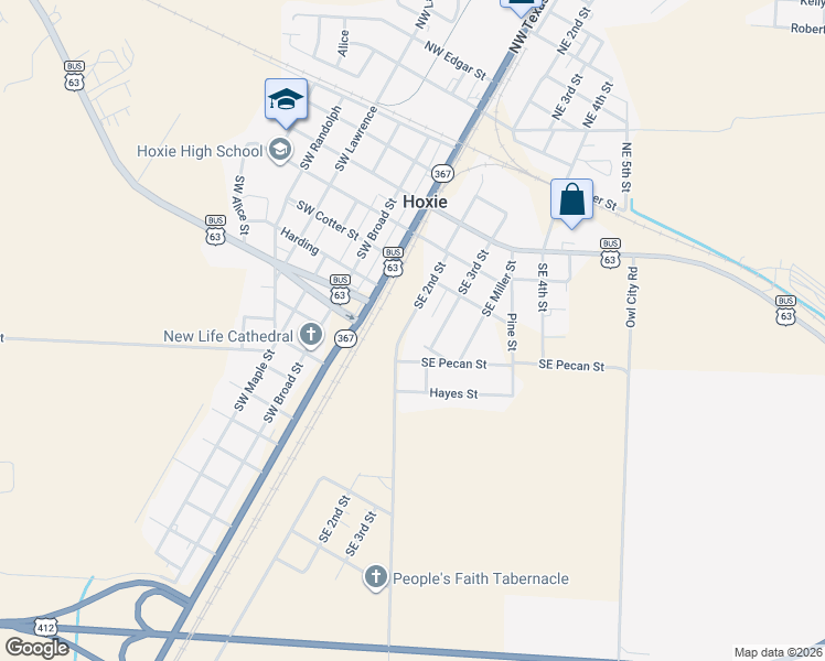 map of restaurants, bars, coffee shops, grocery stores, and more near 609 Southeast 2nd Street in Hoxie