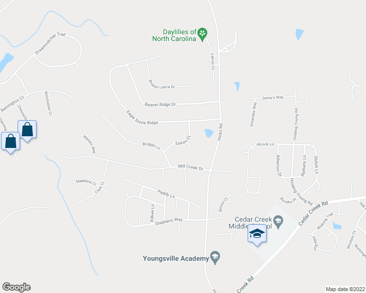 map of restaurants, bars, coffee shops, grocery stores, and more near 112 Eason Court in Youngsville