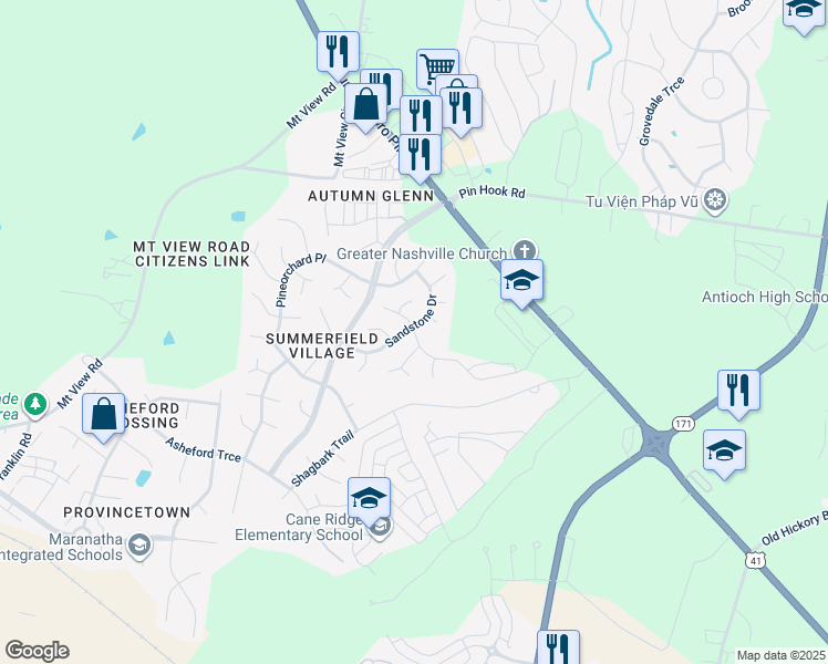 map of restaurants, bars, coffee shops, grocery stores, and more near 4504 Sandpiper Lane in Nashville