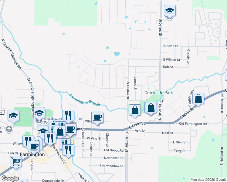 map of restaurants, bars, coffee shops, grocery stores, and more near 40 Watson Lane in Farmington