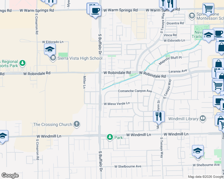 map of restaurants, bars, coffee shops, grocery stores, and more near 7750 Comanche Canyon Avenue in Las Vegas