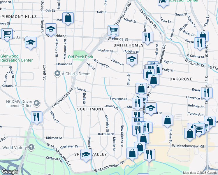 map of restaurants, bars, coffee shops, grocery stores, and more near 631 Garrett Street in Greensboro